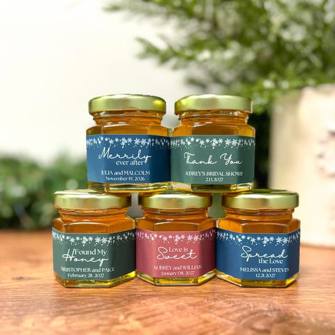 Snowflake Border Wedding Bridal Shower Favors - 2 oz Clover Honey - Set of 10