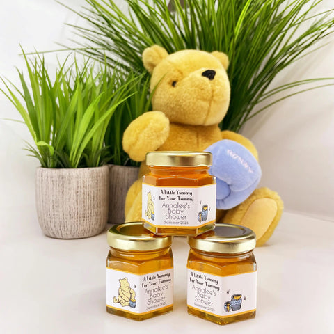 Winnie the Pooh Yellow Stripe - Baby Shower Favors - 2 oz Clover Honey - Set of 10 - The Honey Jar -