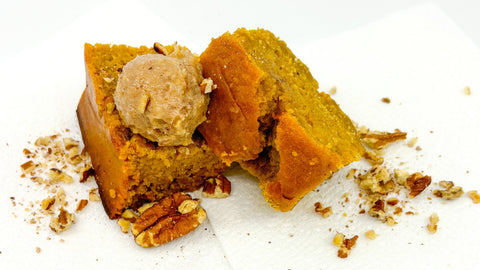 Honey pumpkin snack cake topped with pecan praline honey butter