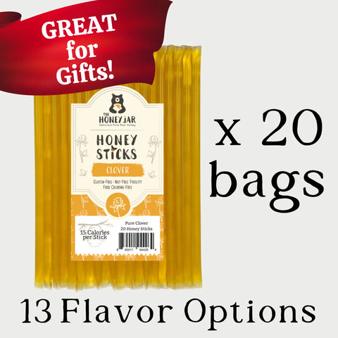 20-count bag of clover honey sticks with banner that says Great for Gifts. Other wording includes x 20 bags and 13 flavor options.