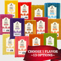 13 20-ct bags of honey sticks shown in a variety of flavors: lemon, cinnamon, clover, coconut, raspberry, bllackberry, wildflower, watermelon, peach, vanilla, ginger, orange, and green apple. Banner across bottom right saying Choose 1 flavor, 13 options.