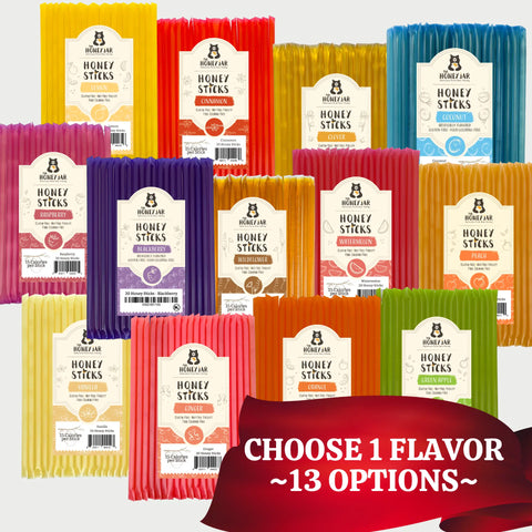 13 20-ct bags of honey sticks shown in a variety of flavors: lemon, cinnamon, clover, coconut, raspberry, bllackberry, wildflower, watermelon, peach, vanilla, ginger, orange, and green apple. Banner across bottom right saying Choose 1 flavor, 13 options.