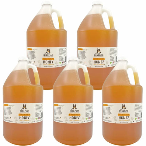 5 Gallons containers of honey on a white background