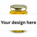 Jar of honey with white label showing 'your design here' wording.