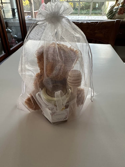 Sheer bag with plush bear and jar of honey on a white counter