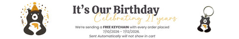 It's Our Birthday Celebrating 21 years with free keychain with every order placed between 7/10/2026 and 7/12/2026, and a small photo of the keychain on the right