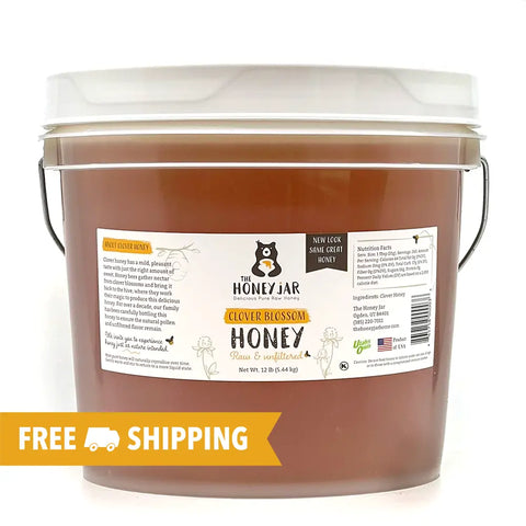 1 gallon (12 pounds) raw clover honey in plastic pail with metal handle.