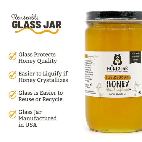 Honey in reuseable glass jar to protect Quality.  Jar manufactured in USA