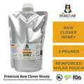 Mylar pouch labelled as The Honey Jar Clover Blossom Honey. Raw Clover Honey 3 pounds reinforced Mylar pouch.