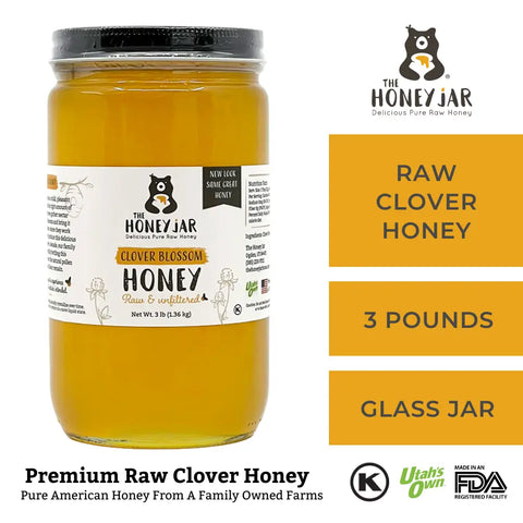 3 lbs (48 oz) raw and unfiltered honey in glass jar. 