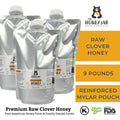 Mylar pouch labelled as The Honey Jar Clover Blossom Honey. Raw Clover Honey 9 pounds reinforced Mylar pouch.