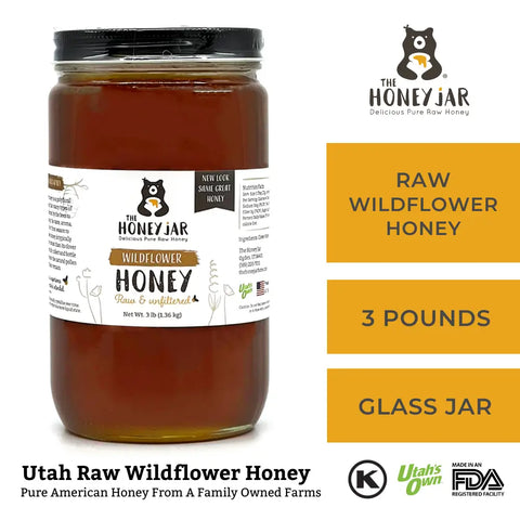 3 pounds raw unfiltered wildflower honey in glass jar