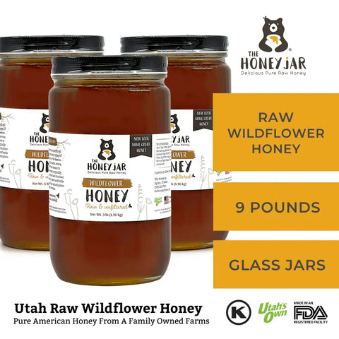 9 pounds of raw wildflower honey in glass jars. 