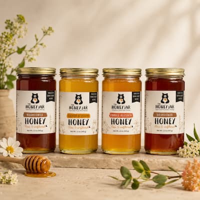 Four jars of honey with visible labels on a wooden surface with flowers.