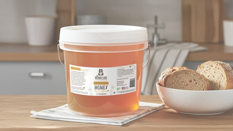 Bucket of honey with a label on a kitchen counter next to a bowl of bread.