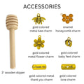 3" wooden honey dipper gold bee charm gold flower charm gold thank you charm gold baby feet charm gold love charm enamel honeycomb charm