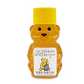 2 oz Winnie the Pooh honey bear baby shower favor with yellow cap and personalized label. Label shows classic Winnie the Pooh with a honey pot with the title Our Little Hunny Will Bee Here Soon.