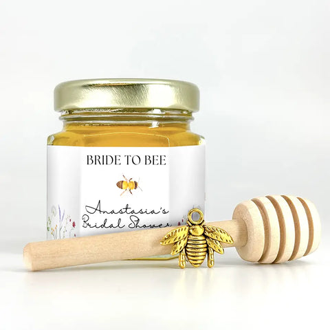 Bride to Bee Honey Favor label on hexagon jar