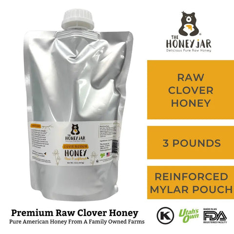 Clover Honey - Raw and Unfiltered - 1 Quart Squeezable Mylar Pouch (3lbs) - The Honey Jar - 