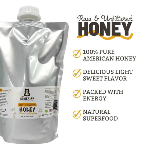 Clover Honey - Raw and Unfiltered - 1 Quart Squeezable Mylar Pouch (3lbs) - The Honey Jar - 