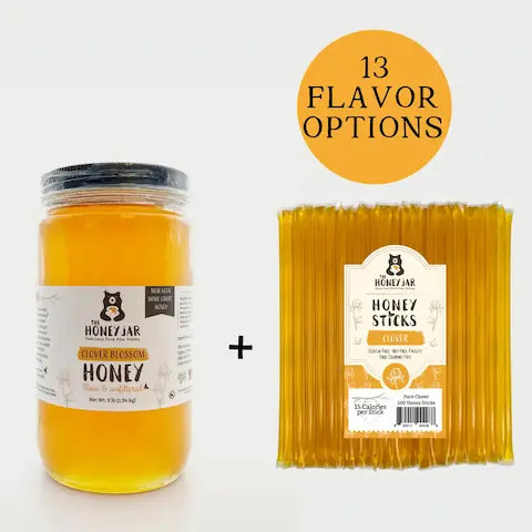 Jar of honey and package of honey sticks with '13 Flavor Options' text on a white background