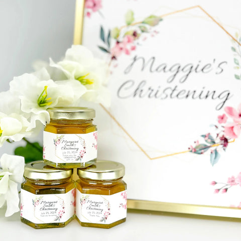 Pink & Gold Frame - Baptism Christening Favors - 2 oz Clover Honey - Set of 10 - The Honey Jar - 