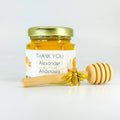 2 oz hexagon jar filled with honey, gold lid, gold bee charm, 3" honey dipper, and autumn pumpkin themed label with Thank You title.