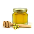 2 oz honey favor with gold lid, 3" wooden honey dipper, and gold colored flower charm.